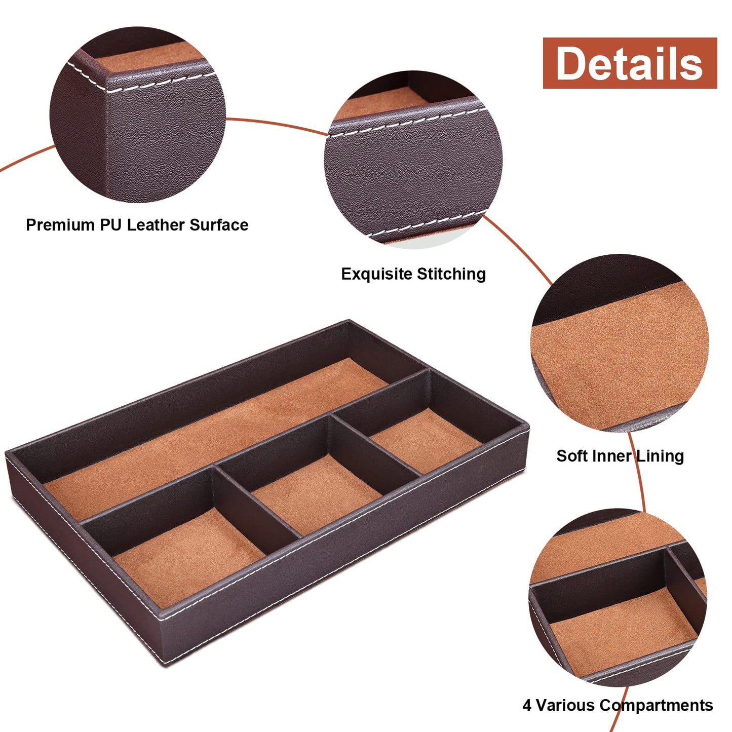 GORESE 2 Pieces Faux Leather Valet Tray for Men, Stackable Jewelry Trays for Drawers, Mens Dresser Top Organizer for Key, Wallet, Sunglass, Watch, Coin, Phone, Nightstand Bedside Tray Brown