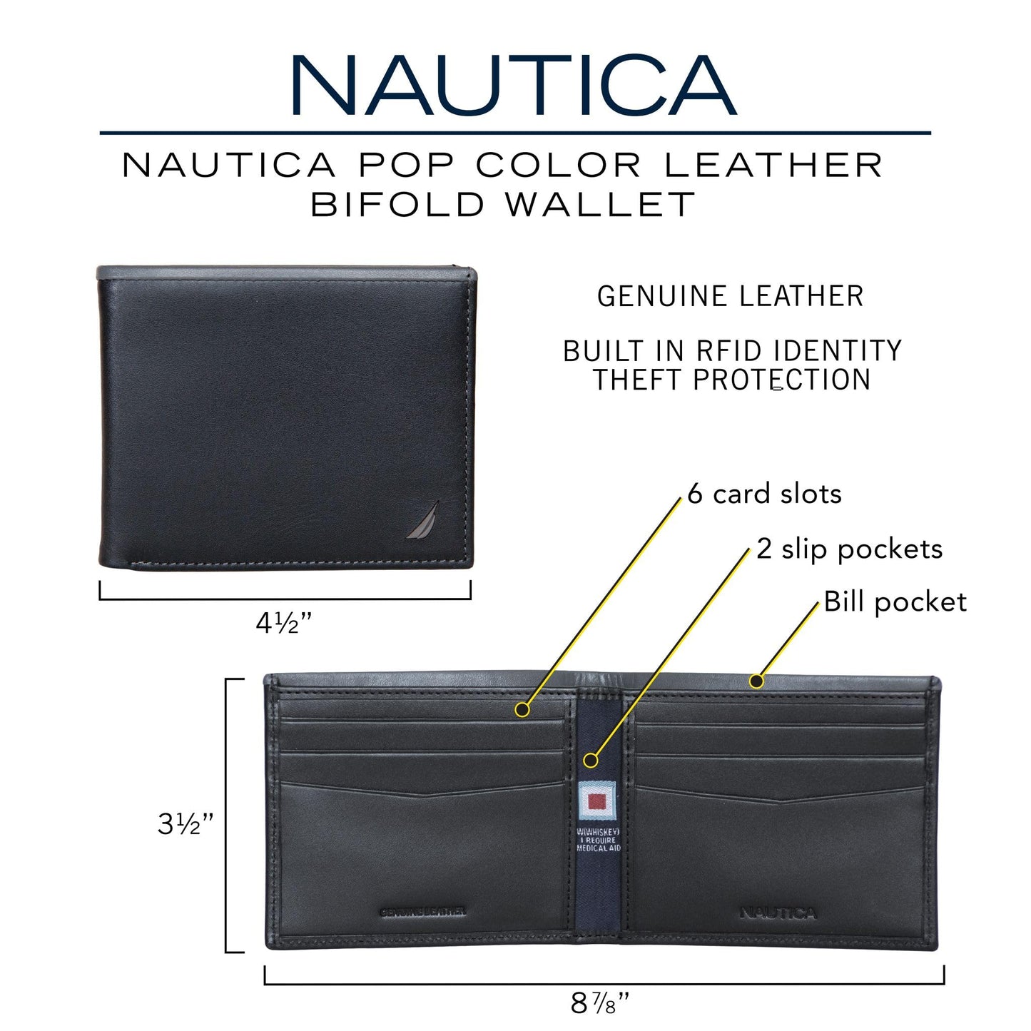 Nautica Men's Bifold Leather Wallet | RFID Blocking | ID Window | Card Slots | Organization | Durable | Stylish, Pop Color - Black/Brown