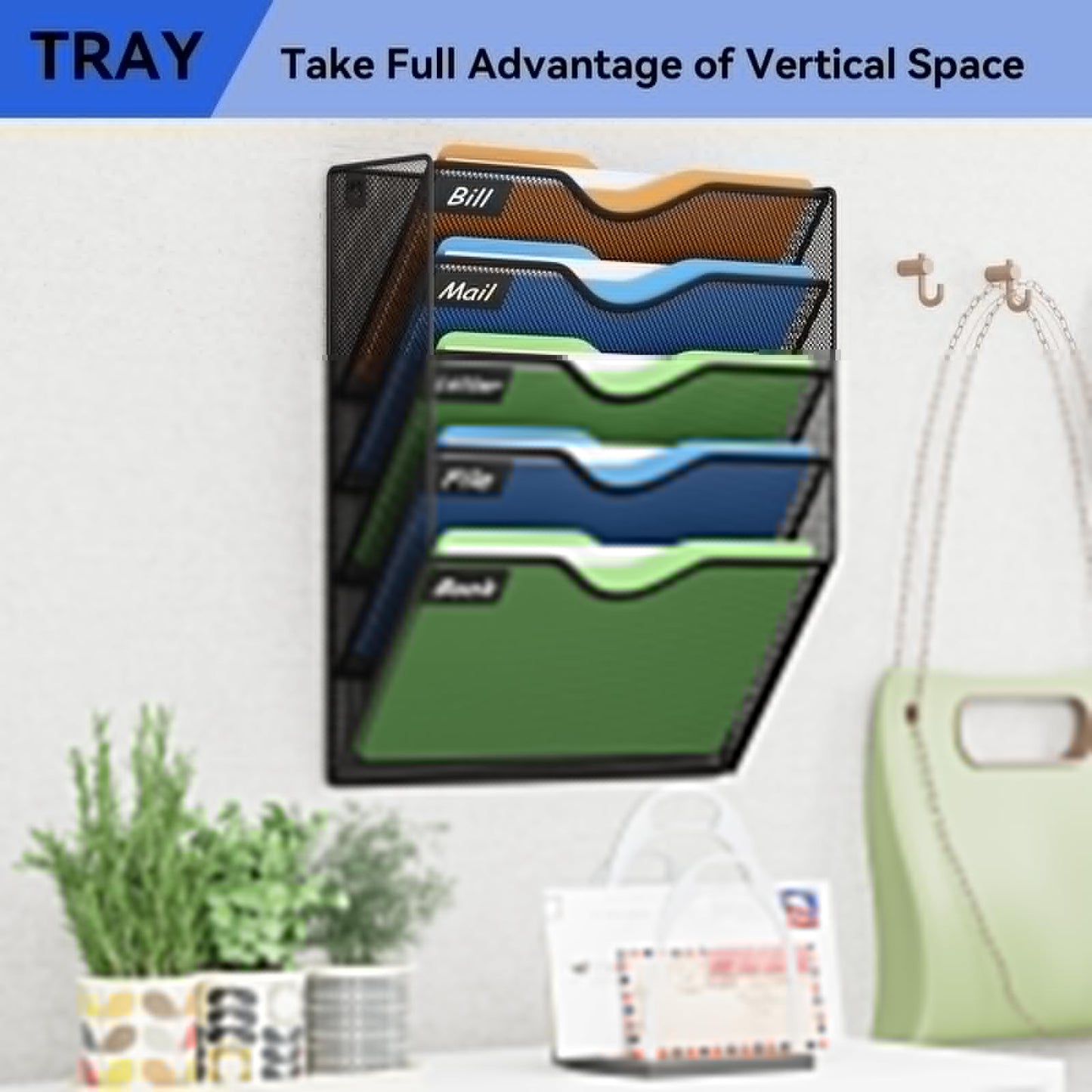GDINDINFAN 5 Pockets Hanging Wall File Organizer Mail Holder, Wall Mounted Paper Document Folder Holder, Clipboard Storage Organization Magazine Rack, Black
