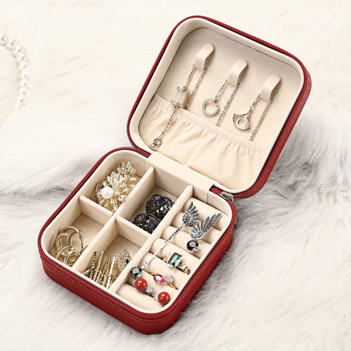 TRODANCE Mini Jewelry Case, Small Travel Jewelry Organizer, Portable Jewelry Box Mini Storage Organizer Display Box For Rings Earrings Necklaces (Red-4pcs)