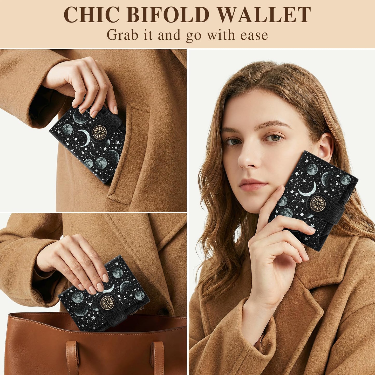 Mayski Celestial Moon Small RFID Wallet Women, PU Leather Bifold Zipper Coin Pocket Compact Cash Credit Card Holder Purse, Cute Travel Wallet for Female Ladies Teen Girls, 4 ID Window 14 Card Slots
