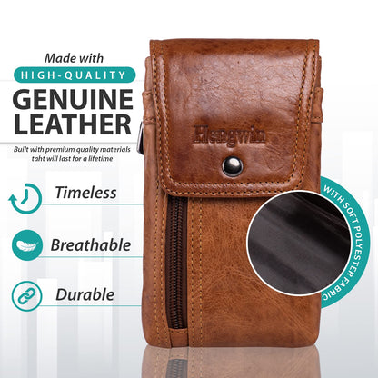 Hengwin Leather Cell Phone Holster Fit for iPhone 17 16 Pro 15 Pro 14 Pro 13 Pro 12 Pro Samsung Galaxy S24 S25 Pouch Case with Belt Clip Loop Card Holder, Waist Purse Mobile Phone Bag for Belt (Brown)