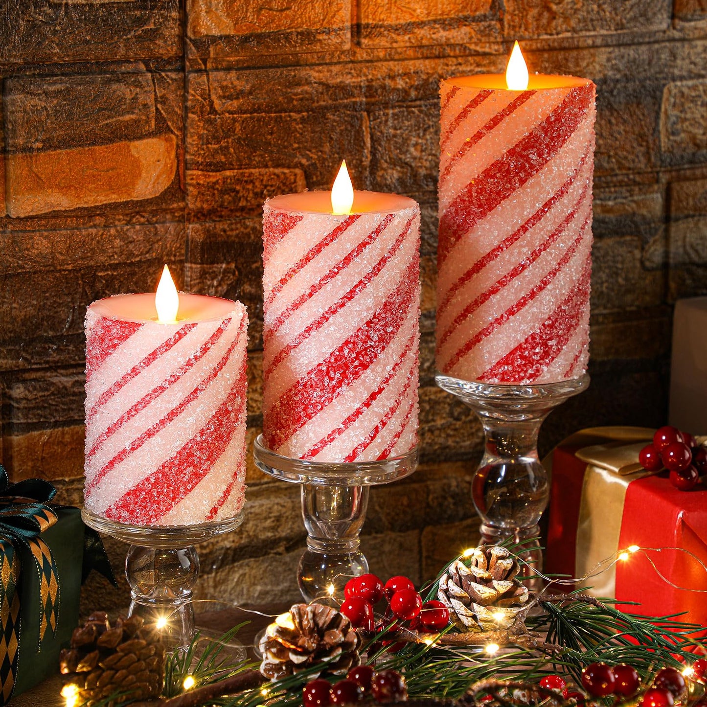 Baquler 3 Pcs Christmas Flameless Candles Pastel Candy Cane LED Pillar Candle Peppermint Glitter Red and White Battery Operated Candlestick for Xmas Party Holiday Table Home Decoration(Thin Stripe)