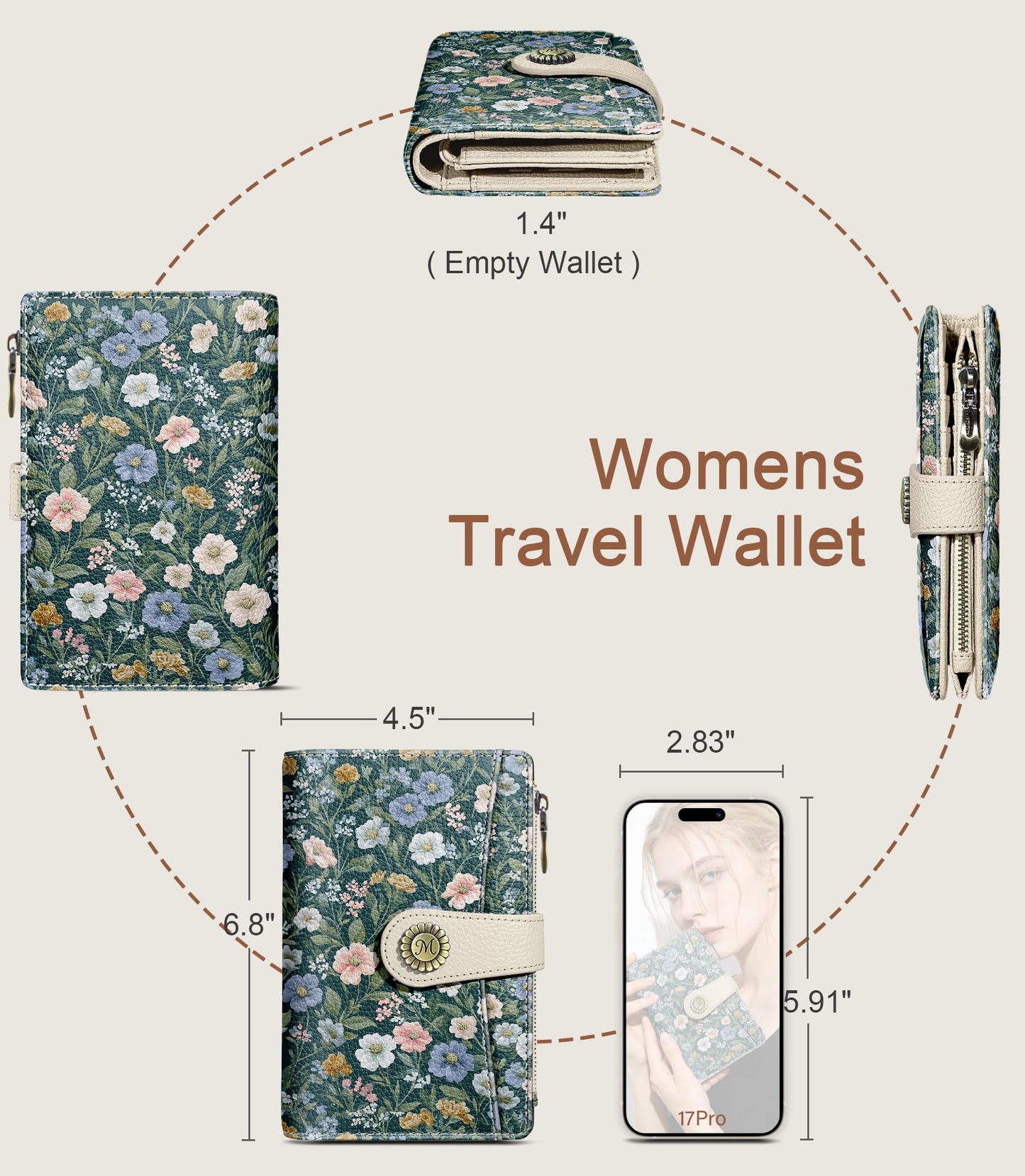 Flower Wallet Women RFID Blocking Bifold, Cute Passport Holder, Zipper Coin Pocket, Credit Card Holder, Travel billfold, PU Leather, Clutch, Cash Purse, Pen Holder, Gift for Woman Ladies Female Girls