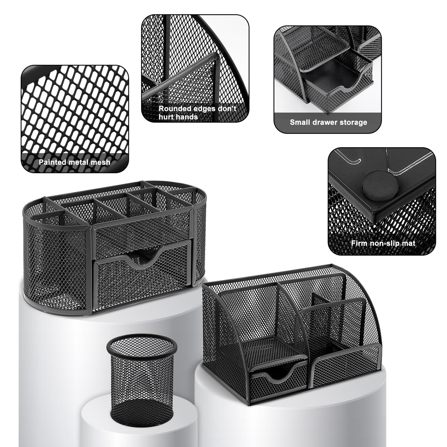 17 in 1 Black Desk Organizers and Accessories Set, 3 Office Desk Supplies Storage Organization, 4 Pens, Stapler, Staples & Remover, Tape & Dispenser, Scissors, Ruler, Clips, Hole Punch, Back to School