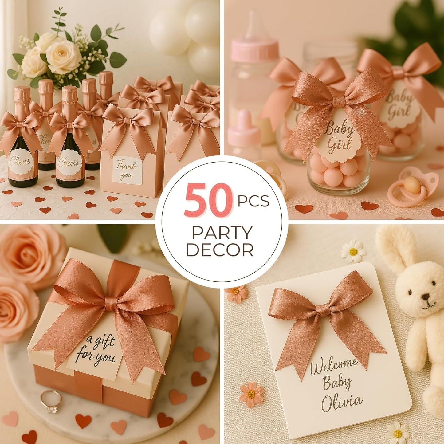 100pcs Rose Gift Wrap Bows - 3.3 Inch Elegant Bows for Gift Wrapping, Party Decorations, Wedding Decor, Birthday Presents, Holiday Gifts, DIY Crafts, Baby Shower, Anniversary, Christmas, Gift Bags