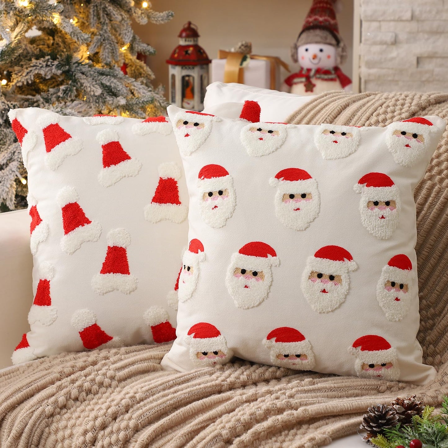 Hahafelt 2 Pcs Christmas Throw Pillow Covers 18x18 Inch Santa Claus Christmas Decorative Square Pillowcases Embroidery Cushion Covers Soft Plush Faux Fur Wool Decor for Winter Sofa Living Room