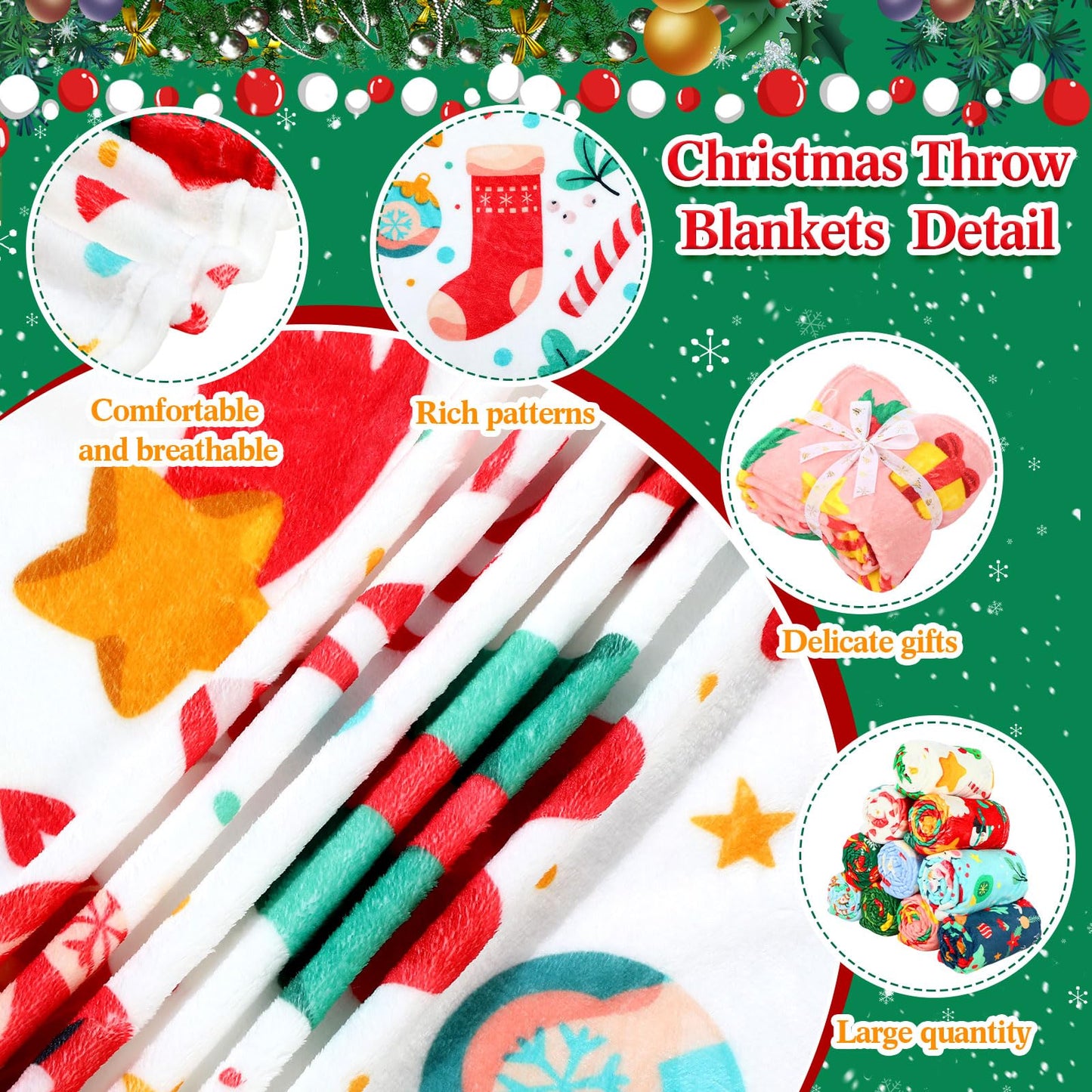 Windkream 12 Pcs Christmas Throw Blankets for Homeless with Ribbon Xmas Flannel Fleece Blankets Gingerbread Snowman Lightweight Soft Plush Couch Throw for Bedroom Winter (50 x 60 Inch)