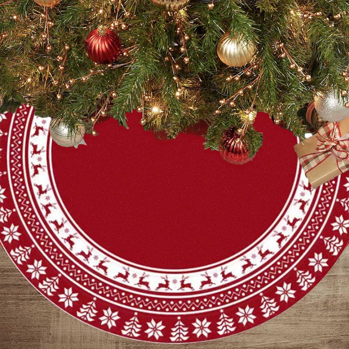 Lizuart Christmas Tree Skirt 48 Inches | Red Xmas Tree Skirt with Rustic Snowflake & Reindeer Pattern, Fits 5 to 7 Foot Trees, Perfect Christmas Decorations for Holiday Trees.