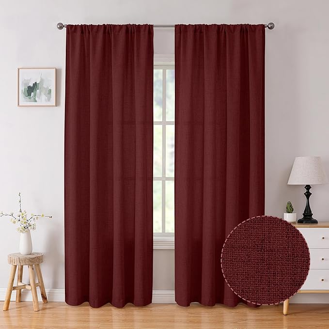 Tollpiz Linen Curtain Bedroom Rod Pocket Semi Sheer Curtains Burlap Light Filtering Thick Linen Drape for Living Room, 38 x 84 inches Long, Burgundy Red, Set of 2 Panels