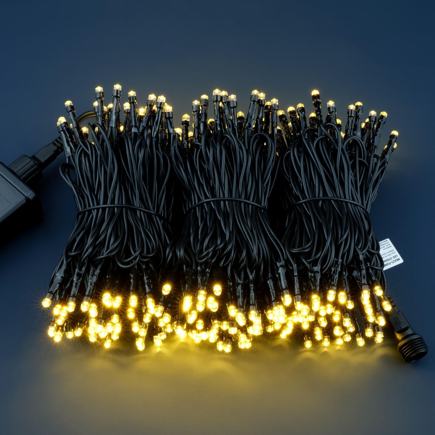 YULETIME 100 ft 300 Count Warm White LED String Lights with 8 Models Adapter, Black Wire Wide Angle 5mm Christmas Lights (Warm White - Black Wire)