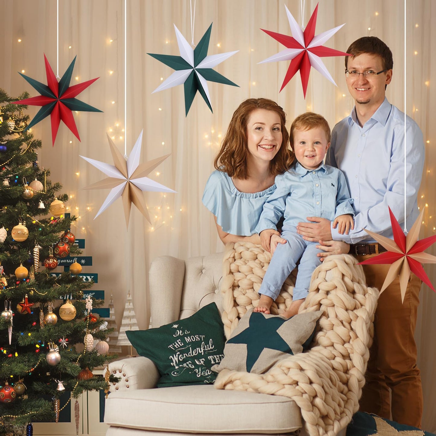 BestoFun 12 Inches 5 PCS Cindy Paper Star Lanterns Red Green White Christmas Party Decorations Hanging Stars Christmas Party Decorations Wedding Birthday Christmas Home Party Decorations(9 Pointed)