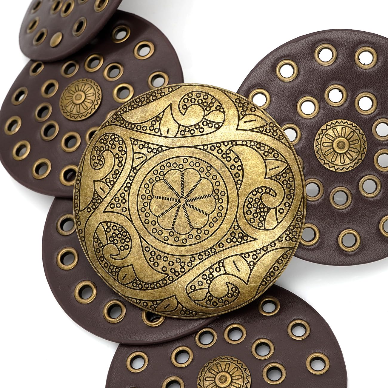 WULIQIUQIU Wide Disc Belt for Women Boho Concho Leather Belts Vintage Western Waist Belt 101CM Coffee