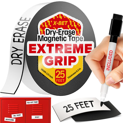 X-bet MAGNET Magnetic Strips - 1 Inch x 25 Feet Magnetic Tape Roll - Blank Write On Magnets - Sticky Labels and Stickers - Writable Flexible Magnet Sheet for Whiteboards, Refrigerator and Crafts