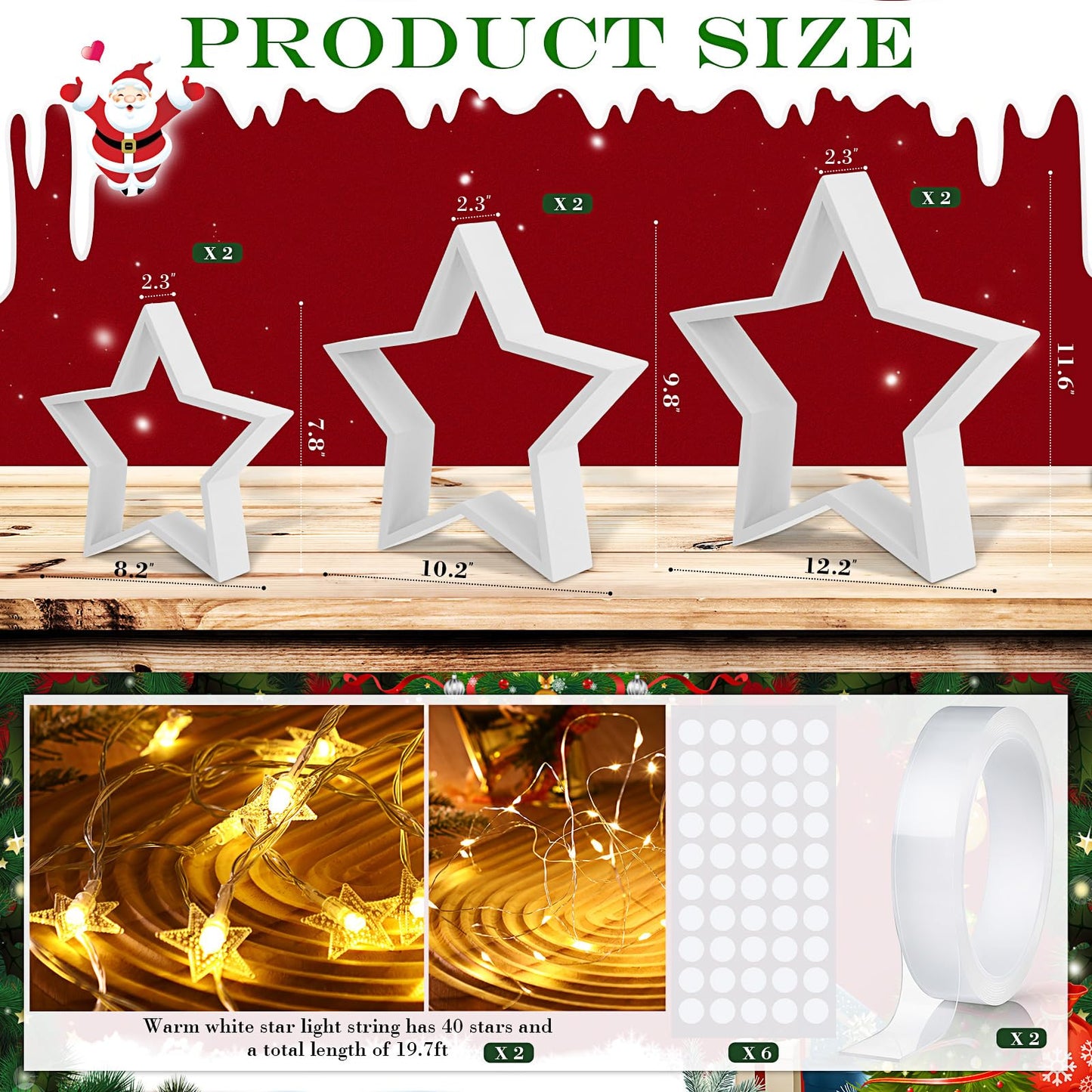 Geelin 6 Pcs Christmas Wooden Star Tabletop Centerpiece Sign with Light Strips Tape DIY Xmas Ornament for Farmhouse Fireplace Mantle Table Crafts Bookshelf Tiered Tray Decor (White)