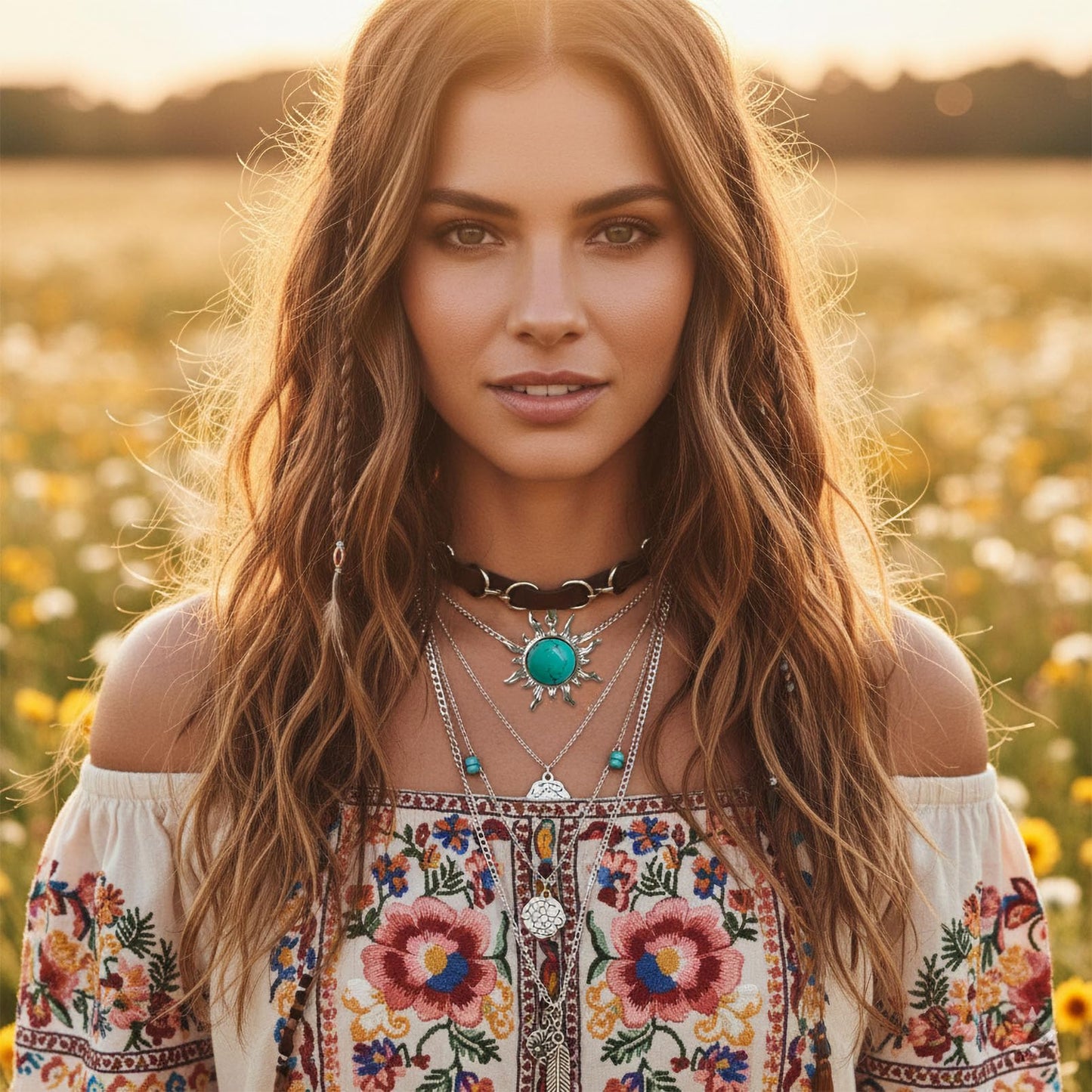 Ladywowu Turquoise Choker Necklace, Western Necklace with Sun Pendant, Adjustable Turquoise Necklace for Women