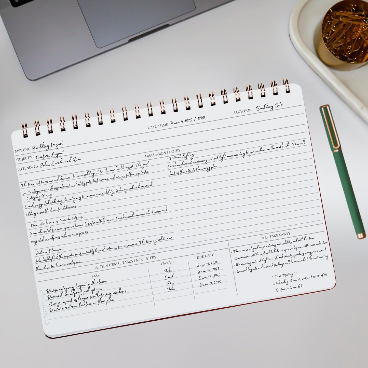 Merely Home | Meeting Notebook for Work | 8.25" x 11.75" | Project Planner | Simple Design | Multiple Layouts | Office and Business Planner (Evergreen, Meeting Planner - Landscape)