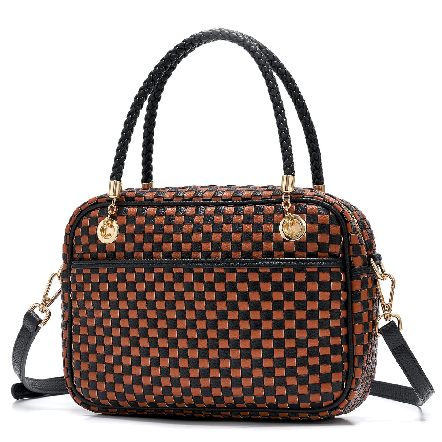 Woven Crossbody Bags for Women, Vegan Leather Two-Tone Satchel with Braided Top Handle, Structured Checkerboard Shoulder Purse with Adjustable Strap