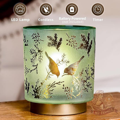 MJ PREMIER Cordless Table Lamp Timer, Big 7'' Battery Operated Lamp, Emergency Table Lamp for Area No Plug/Hurricane, Decorative Bird Lamp for Kitchen Counter/Entryway/Bathroom/Living Room/Gift