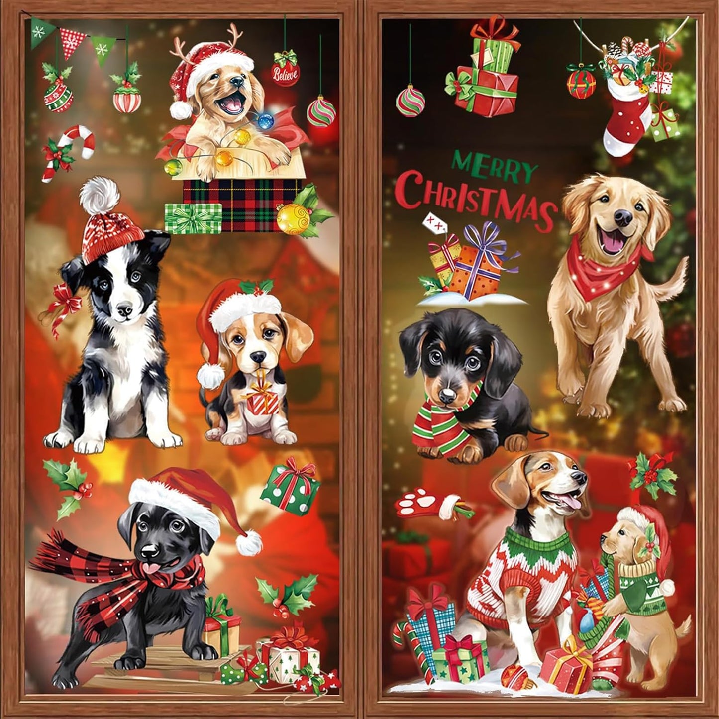 decalmile Christmas Dog Puppy Window Clings Reusable Pet Dogs Xmas Double Side Printed Window Stickers Decals Glass Door Home Party Shop Showcase Decoration