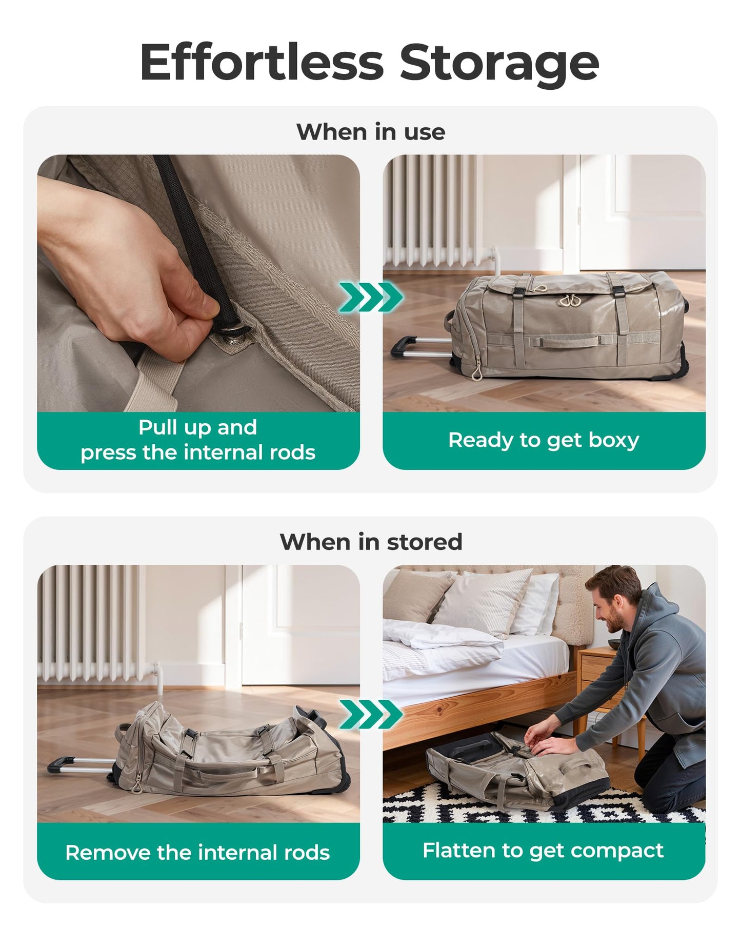 BAGSMART Rolling Duffle Bag with Wheels, Travel Duffel Luggage Bag for Men, Water Repellent Heavy Duty for Travel Camp, Camel, Large, 70L