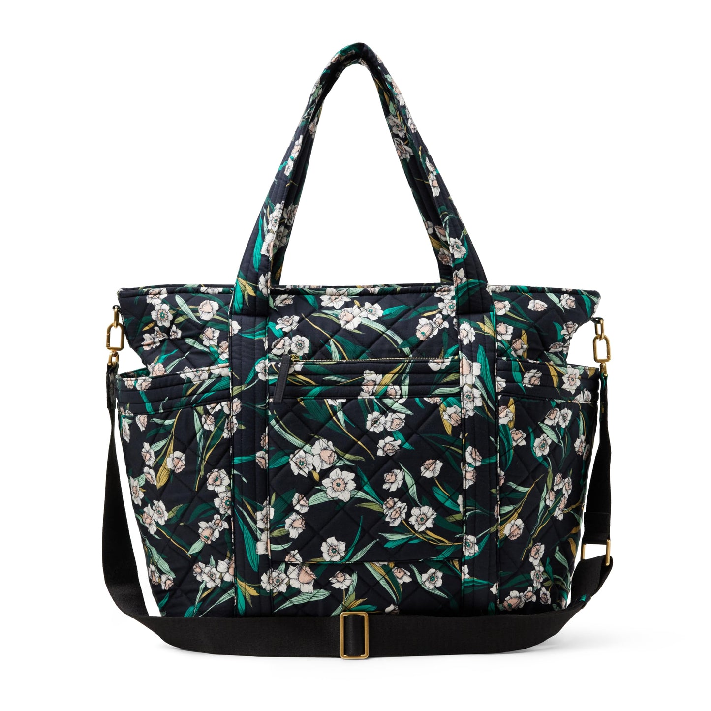 Amazon Essentials Women's Quilted Cotton Travel Tote Bag, Black Floral, One Size