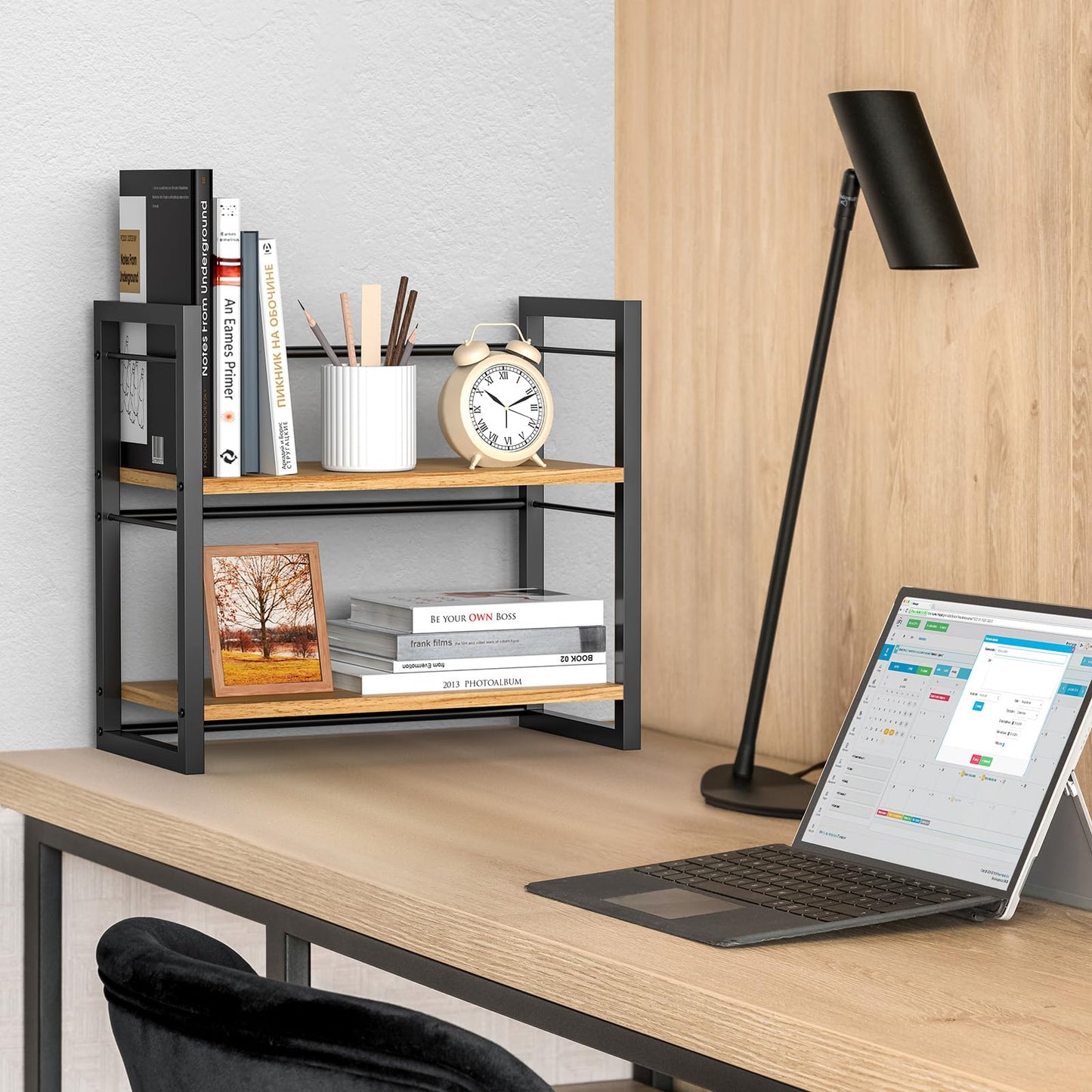 ART-GIFTREE Office Desk Shelf Organizer, Wood Desktop Bookshelf Supplies Storage Rack, Shelf for Top of Desk and Dresser (Black-2 Tier)