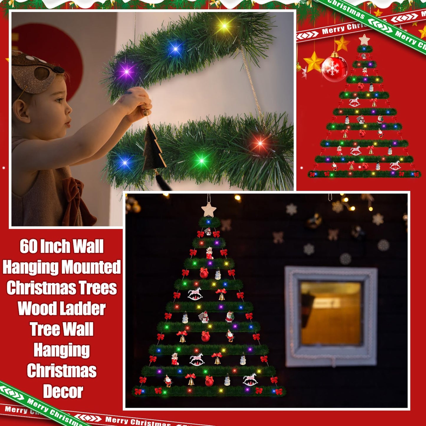 60 Inch Wall Hanging Mounted Christmas Trees Wood Ladder Tree Wall Hanging Christmas Decor with 19.6ft Christmas Metallic Tinsel Twist with LED Lights Metal Hooks for Rustic Holiday Party Supply