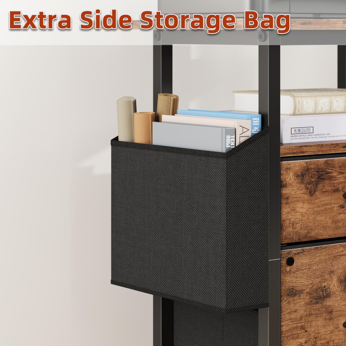 GYIIYUO 2 Drawer File Cabinet with 24'' Extended Desktop, Mobile Filing Cabinet, Rolling File Cabinet with Side Bag, Fabric Drawer, Fits A4/Letter Size, Printer Stand Home Office, Light Brown