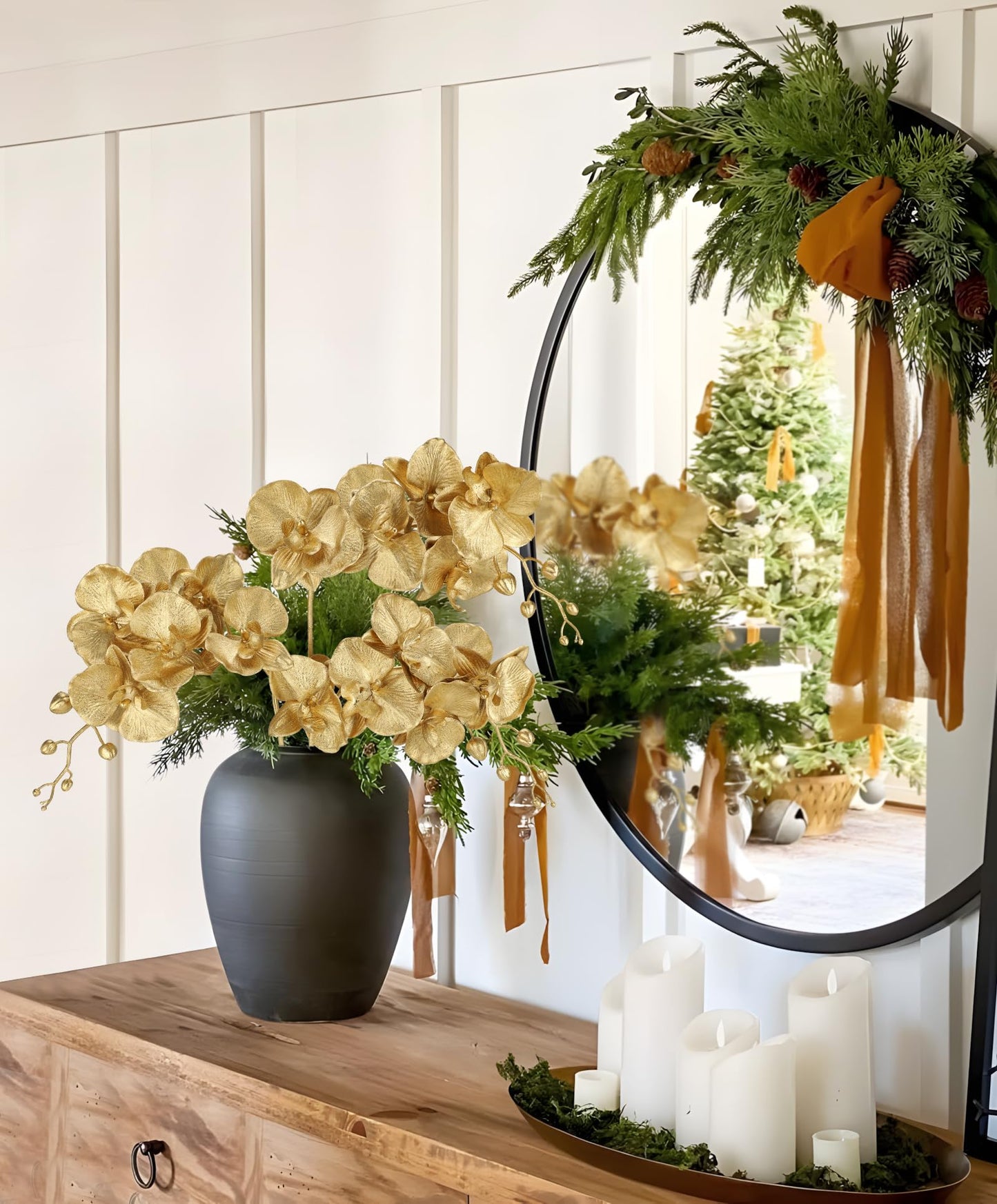 Gold Glitter Artificial Orchid Stems 3 Pcs, 31.5" Christmas Fake Phalaenopsis Orchid Flowers, Sparkling Faux Orchid Branches for Xmas Tree Decorations, Table Centerpieces, Floral Arrangements