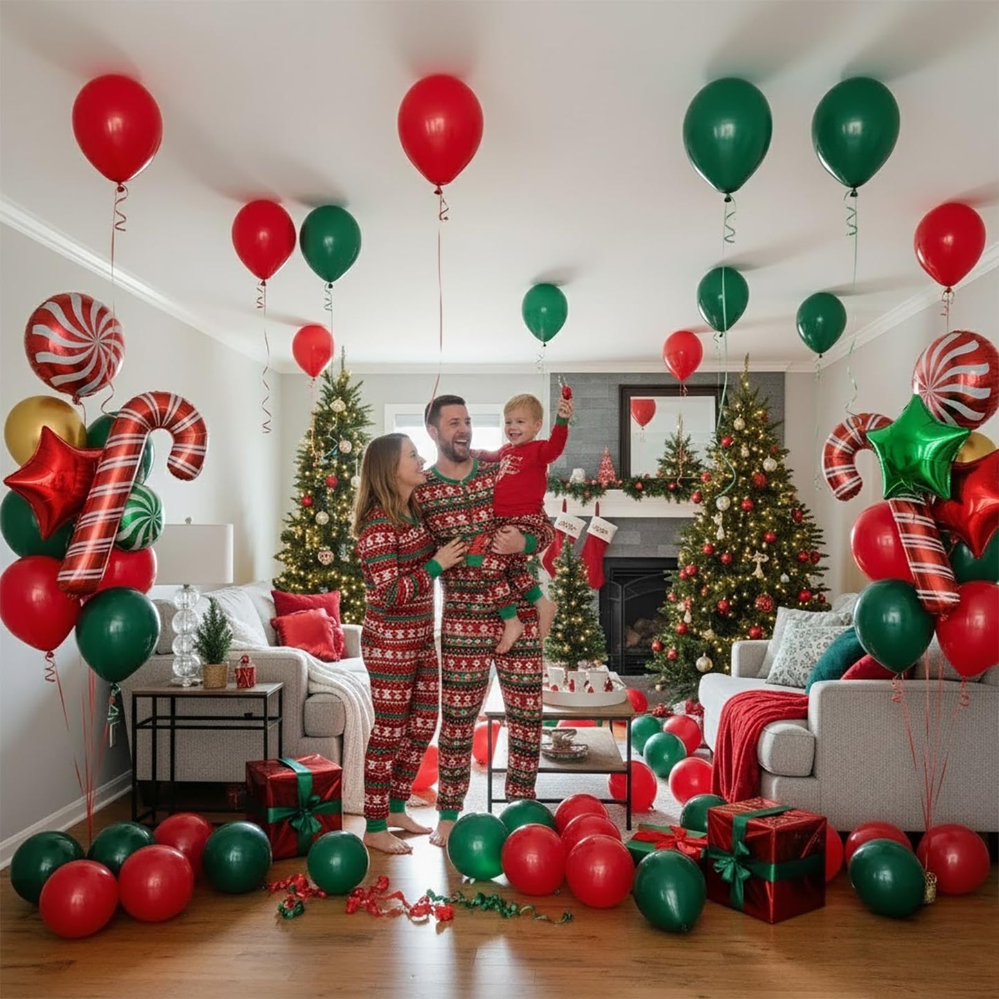 Red hunter Green Gold Christmas Balloon Garland Arch Kit Candy Cane Lollipop Balloons Box Foil Balloons glitter Tinsel Garland for Xmas Balloon Garland Kit Christmas Party Decorations