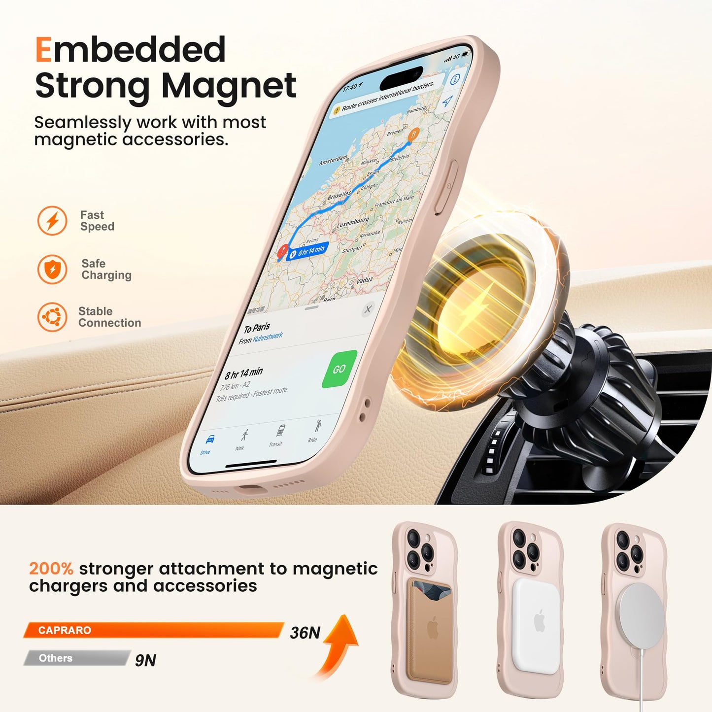 CAPRARO for iPhone 15 Pro Max Case with 360° Spin Magnetic Stand for Women, [Compatible with MagSafe] [Full Camera Protection] Cute Wave Translucent Matte Case for iPhone 15 Pro Max, Rose Gold