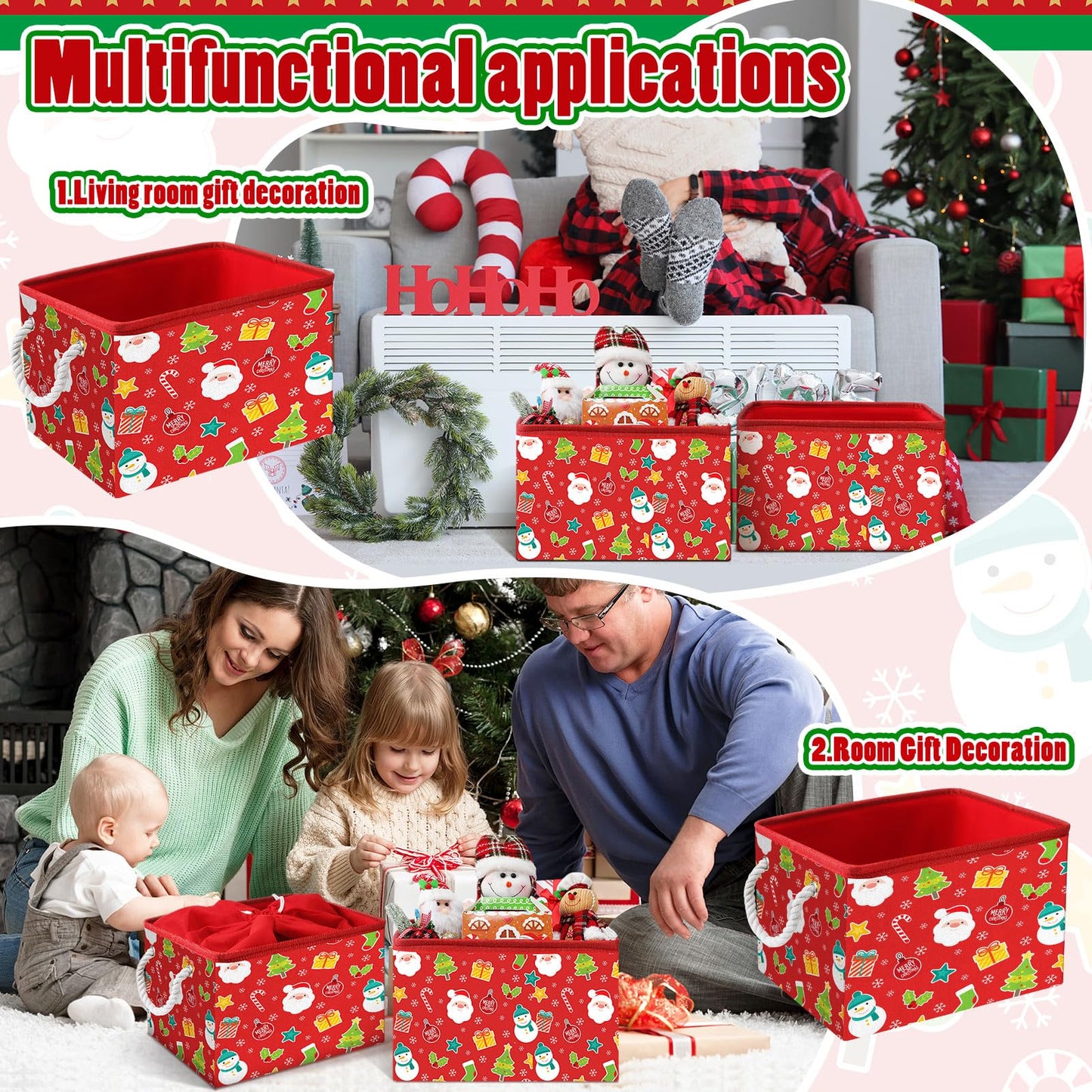 Acellegic 4 Pcs Large Christmas Storage Basket 15 x 10 x 9.5 Inch Foldable Christmas Storage Bins with Handles & Drawstring Lid Xmas Bins Cotton Laundry Organizer for Holiday Bedroom Home(Cheerful)