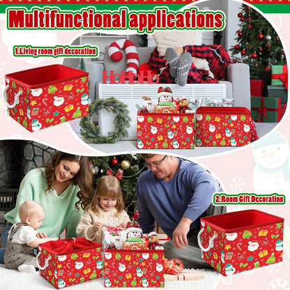 Acellegic 4 Pcs Large Christmas Storage Basket 15 x 10 x 9.5 Inch Foldable Christmas Storage Bins with Handles & Drawstring Lid Xmas Bins Cotton Laundry Organizer for Holiday Bedroom Home(Cheerful)