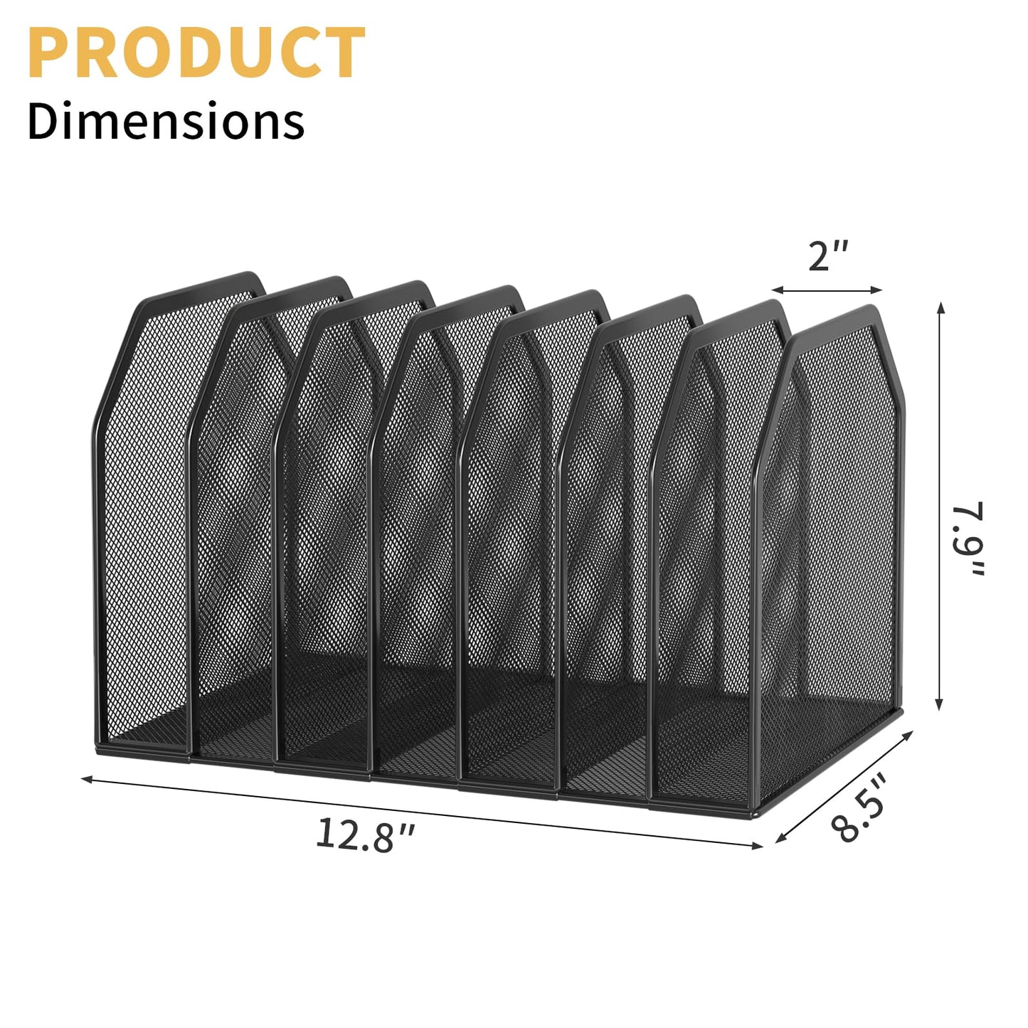 FANXIYQ Metal 7-Section File Folder Organizer for Desk | Vertical Office File Holder | Heavy-Duty Mesh Document Sorter for Books, Binders, Laptops | Black Desk Organizer (12.8”x8.5”x7.9”)