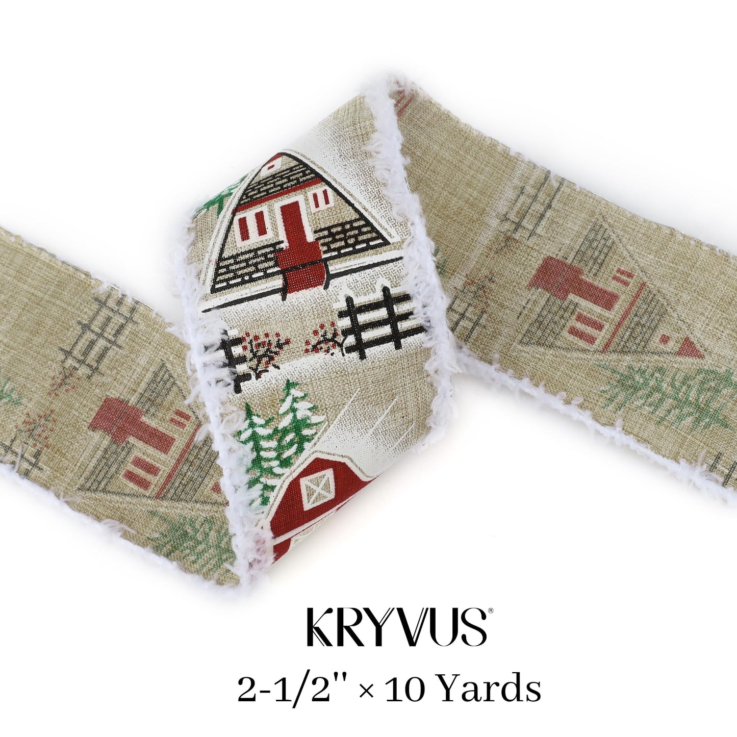 Kryvus Christmas Wired Ribbon, 2.5 Inch X 10 Yards, Natural Linen Christmas Ribbon with Snowy Edge for Wreaths, Gift Wrapping, Xms Tree Decorations & Holiday (Farmhouse)