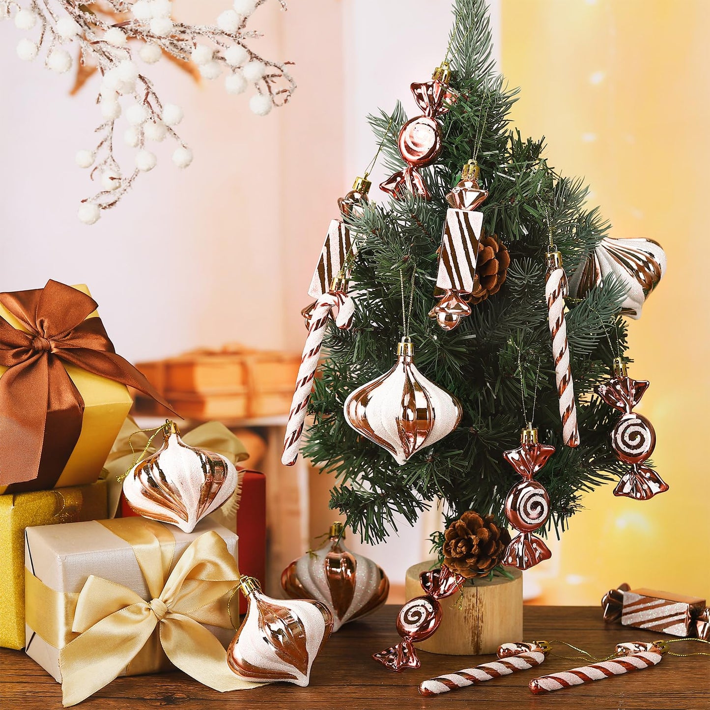 Aoriher 24 Pcs Christmas Candy Cane Ornament Pink Plastic Peppermint Candy Christmas Decorations Rose Gold Xmas Hanging Lollipop Pattern Decorations with Rope for Xmas Holiday Festival Decor