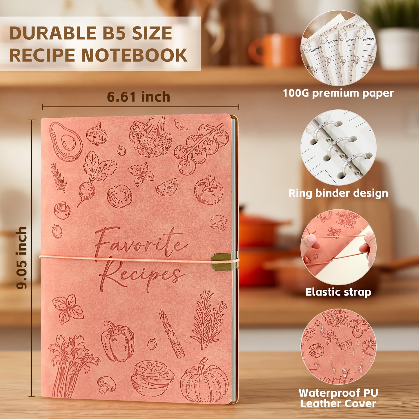 MOOROL Blank Recipe Book Binder to Write in Your Own Recipes,Water Proof Leather Recipe Journal Notebook,Make your Own Favorite Cookbook(Pink)