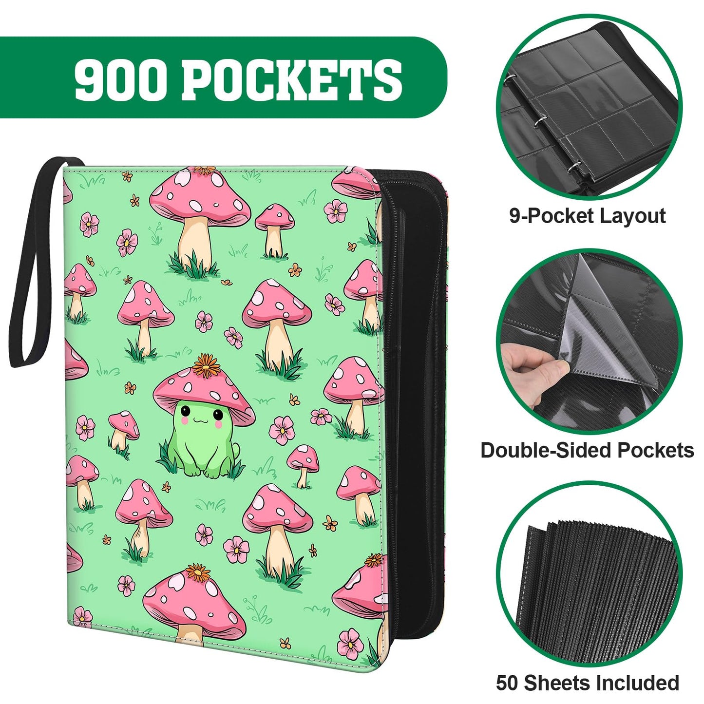 UGYAZX Cute Frog & Mushroom 9-Pocket Trading Card Binder Album, 900 Card Zipper Binder with 50 Removable Sleeves, Refillable 3-Ring Card Book for MTG, TCG and Sports Cards, Fits 2.5" x 3.5" Cards