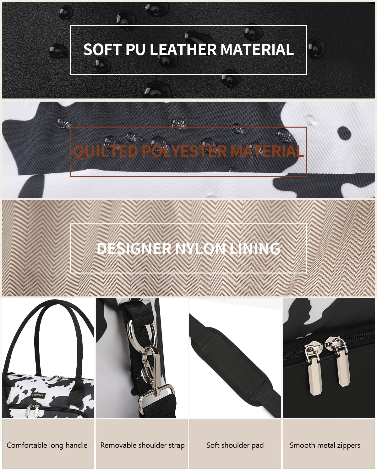CLOKARS Weekender Bags for Women, Travel Duffle Bag Carry On Overnight Bag with Cosmetics Bag and Crossbody Purse for Gym Hospital, Gifts for Women, Cow Print Black