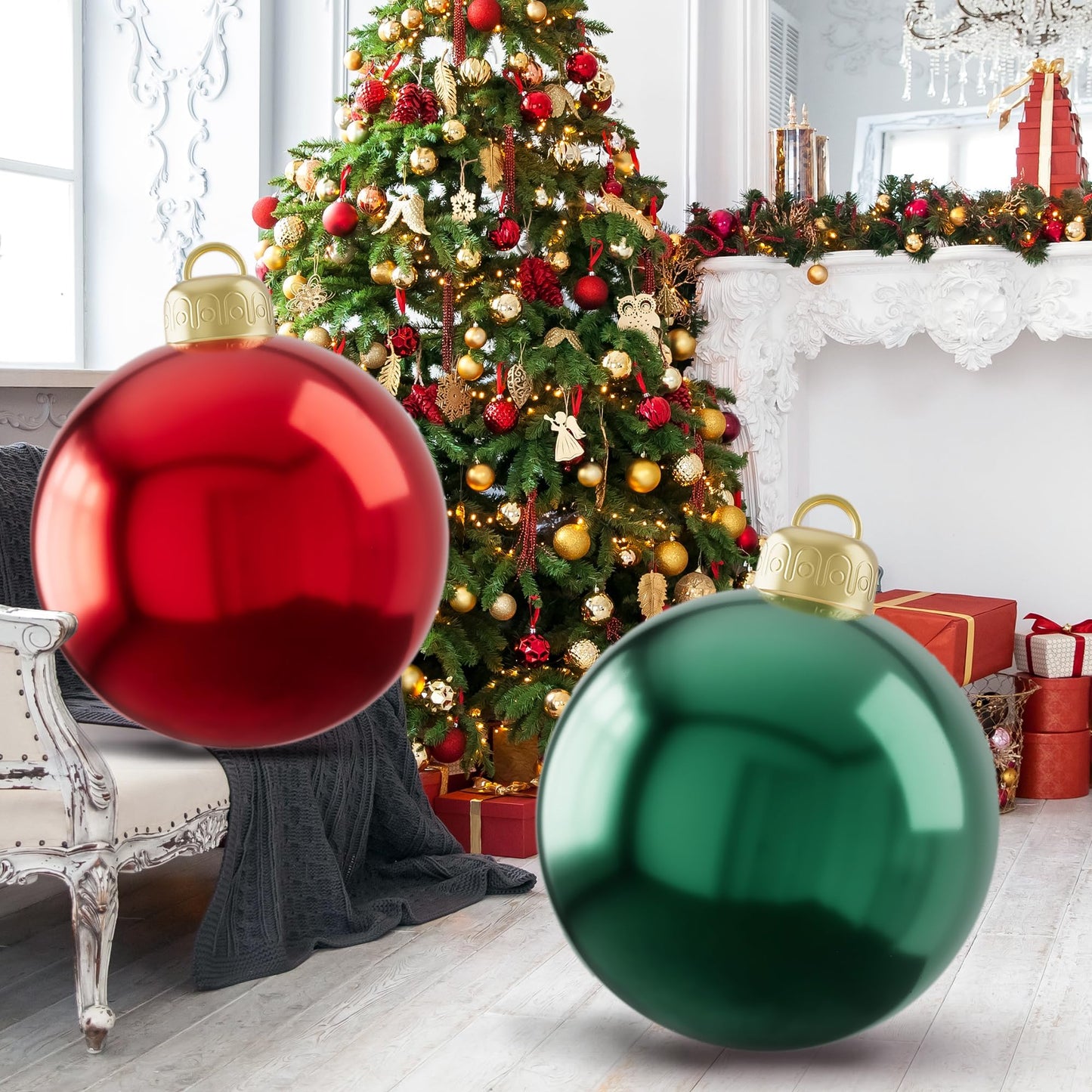 2PCS PVC Christmas Inflatable Ball 24 Inch Giant Inflatable Christmas Decorations Ball Christmas Ornament Balls Xmas Blow up Balls for Outside Holiday Yard Lawn Decor (Red&Green)