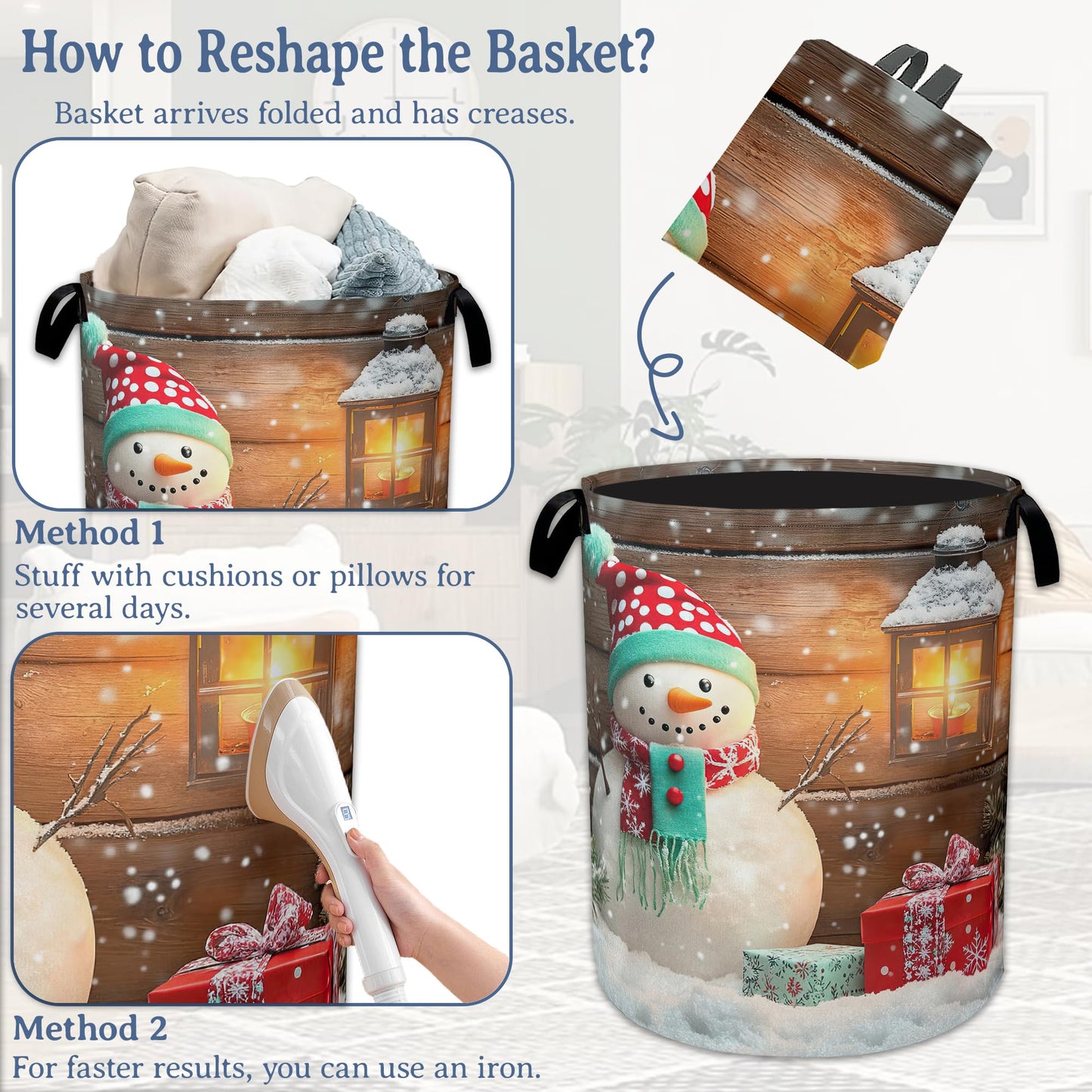 Christmas Laundry Basket,Oxford Cloth Snowman Laundry Hamper With Handle Foldable Portable Clothes Storage Basket for Laundry Room/Bedroom/Bathroom 20.8"x16"