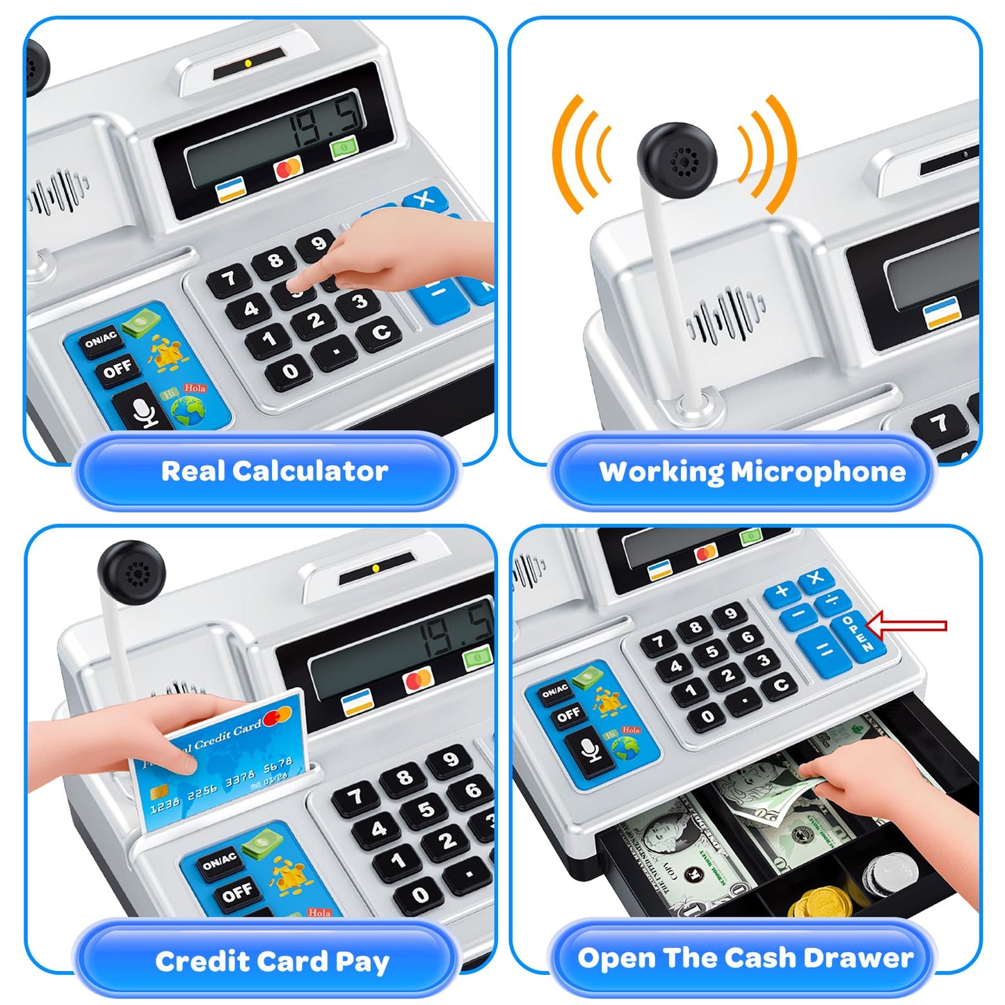 Calculator Cash Register - 103 Pcs Toy Cash Register, Store Set with Microphone, Credit Card and Banking for Kids, Toddler Math Learning Toys, Preschool Gifts for 3, 4, 5, 6, 7, 8+ Years Old Boy Girl