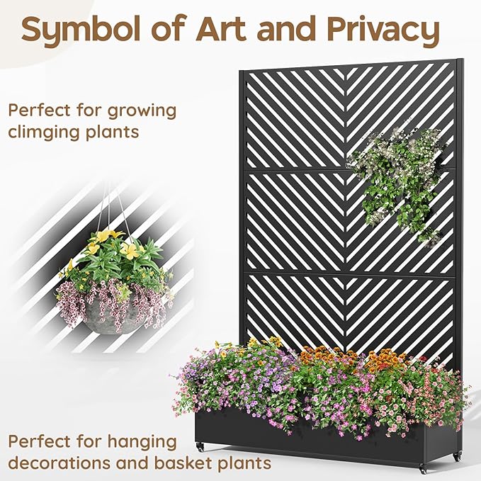 Metal Raised Garden Bed with Trellis & Wheels,72" x 47"x 15.7" Planter Box with Trellis,Privacy Planters for Patio,Garden Bed for Climbing Plants,Suitable for Climbing Plants and Vegetables,Black
