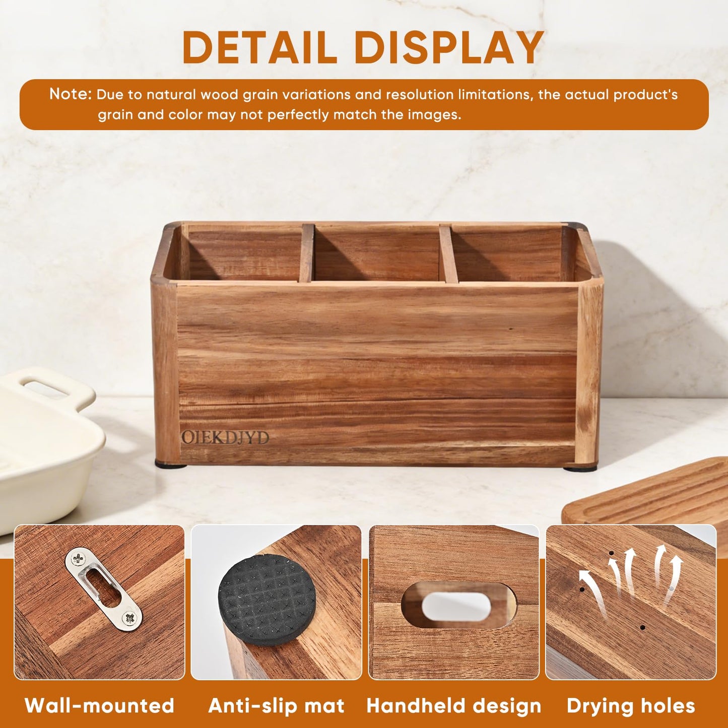 OIEKDJYD Wooden Utensil Holder for Kitchen Counter - Large Utensil Organizer with 3 Compartment, Cooking Tool Crock & Farmhouse Kitchen Accessories