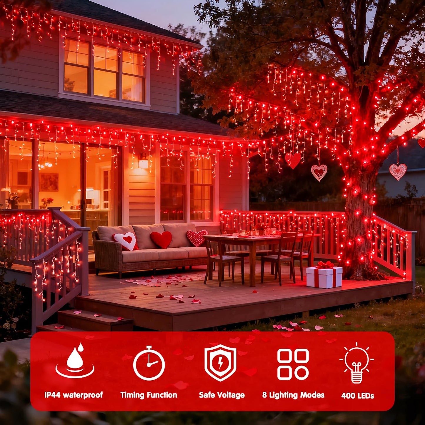 JMEXSUSS 400 LED Red Valentine Lights Outdoor, Connectable Red Icicle Lights Indoor Outdoor with Remote, Christmas Light for Valentine Room Fireplace Christmas Decorations