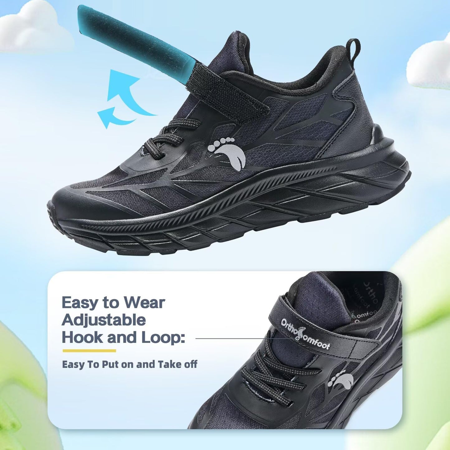 Boys Girls Kids Walking Shoes Arch Support: Orthopedic High Arch Orthotic Plantar Fasciitis Running Gym Sneakers, Supportive Athletic Lightweight Neuropathy Pain Relief Walking Shoes Black Big Kid 5