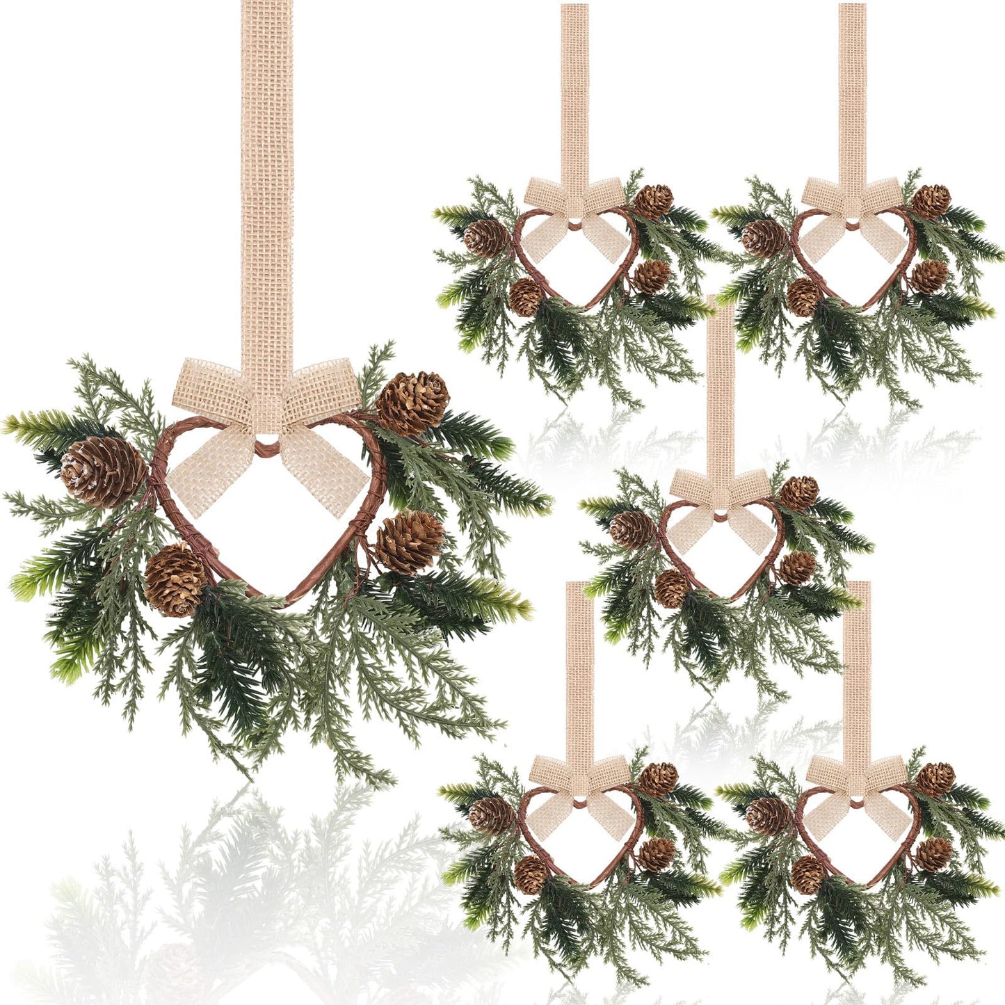 Dingion 6 Pcs 6" Christmas Mini Cabinet Cedar Wreaths for Kitchen with Ribbon Bows Artificial Cedar and Pine Cone Small Window Wreath for Window Door Farmhouse Christmas Party Decorations
