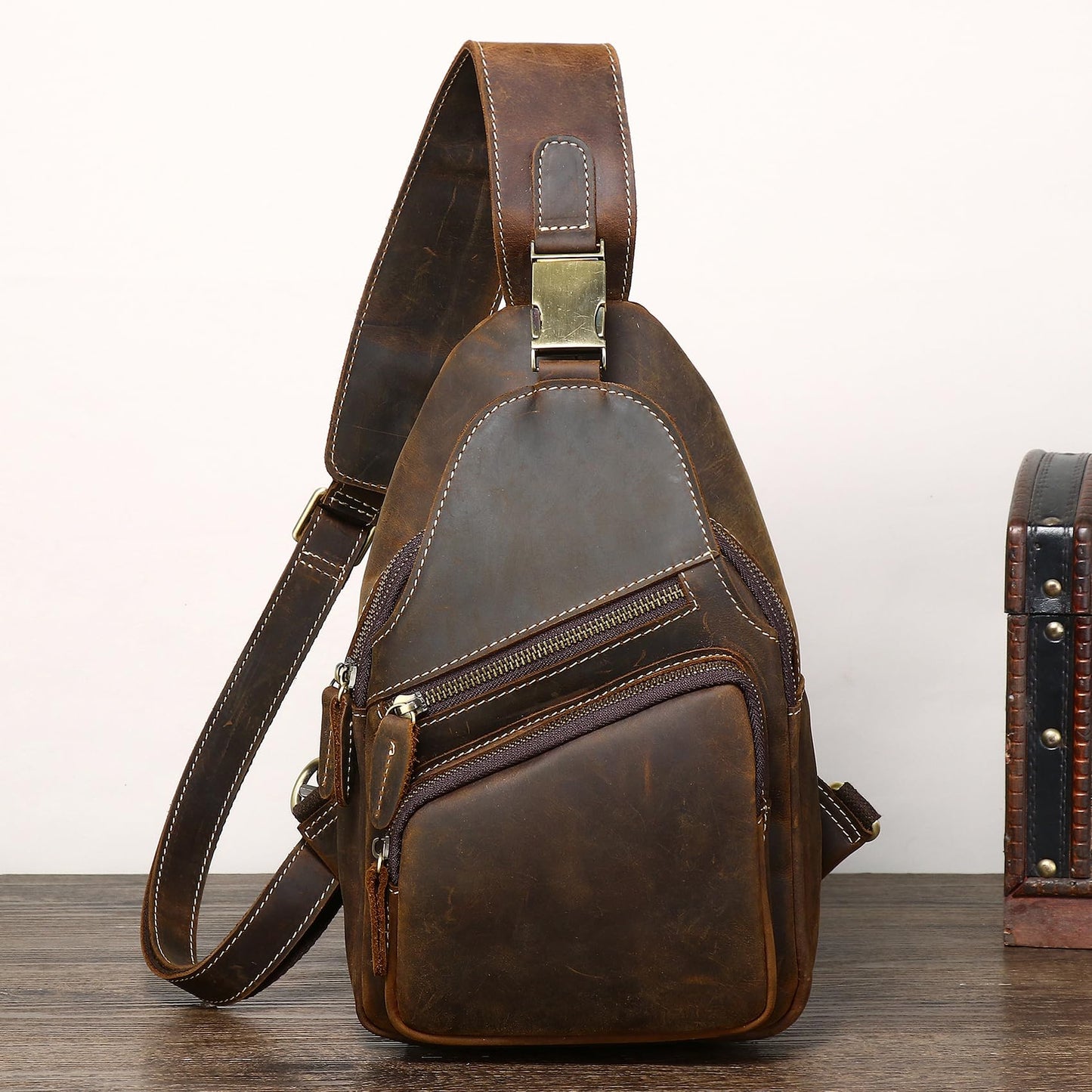 Vintage Full Grain Genuine Leather Sling Bag Men Women Crossbody Chest Shoulder Backpack Daypack Travel Hiking Deep Brown