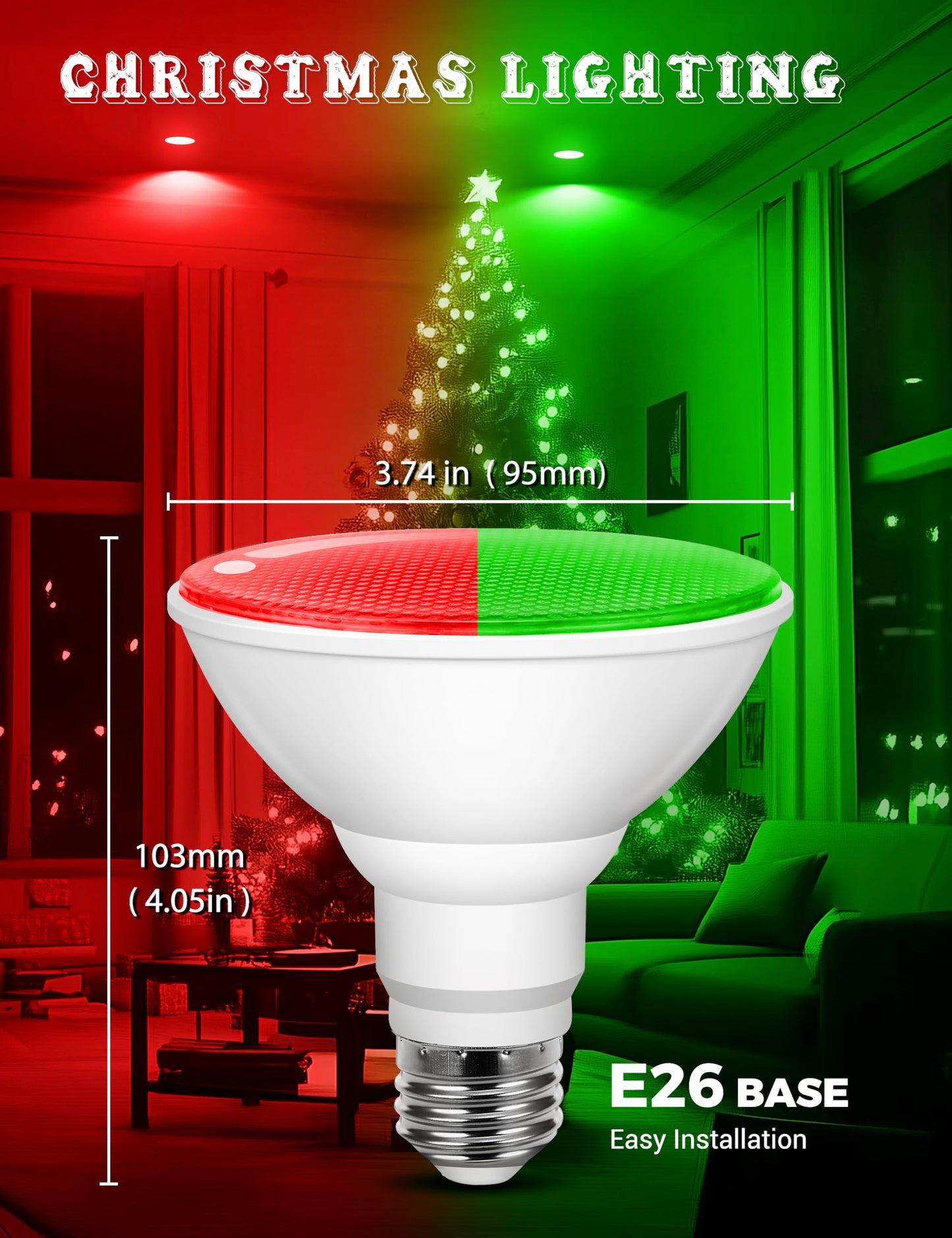 Red and Green Light Bulbs [4 Pack], Par38 LED Red Green Flood Light Bulb Outdoor for Christmas Decor 15W E26, Christmas Light Bulbs Porch Home Lighting, Non-Dimmable